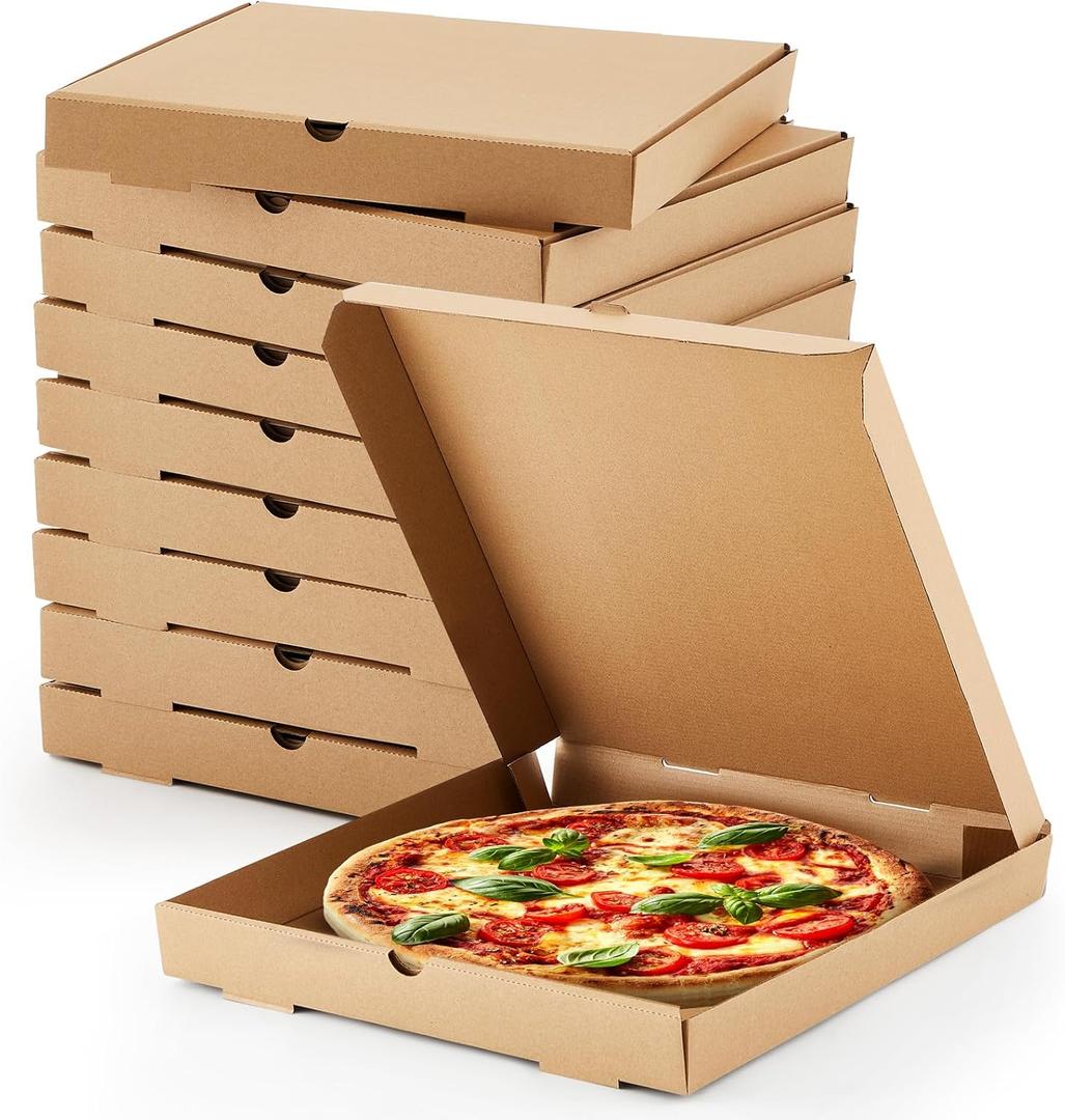 Fullhawl 10 Pcs Corrugated Pizza Boxes 18 x 18 Inches, Grease Resistant Kraft Takeout Containers Packing Boxes for Cake, Cookies, Food and Crafts