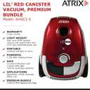 Atrix Red Lil Portable Canister Vacuum Cleaner Premium Bundle with Extra Filters, Lightweight, 3-Stage HEPA Filtration, 2-Quart Bag, Variable Speed 1200W Motor, 16.5 Auto-Retract Cord & Tools