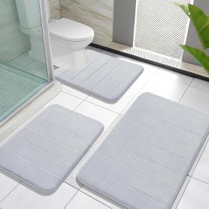 Yimobra Memory Foam Bath Mat Set 3 Pieces- Super Soft Absorbent Quick Dry Bathroom Rug Sets, Machine Washable Non Slip Floor Carpet for Tub Shower, Vanity & Toilet Base, Silver (31.5''x20'' +17''x24'' + 24''x20'')