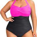 Yonique Plus Size Bathing Suit for Women One Piece Swimsuit Tummy Control Halter Tops for Women Swimwear, 20W, Hot Pink and Black