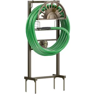 GOFORWILD Garden Hose Holder with Brass Faucet, Freestanding Water Hose Stand with Storage Basket, Detachable Heavy Duty Hose Reel Hanger Holds 150-Feet Hose for Outside Patio Yard Lawn