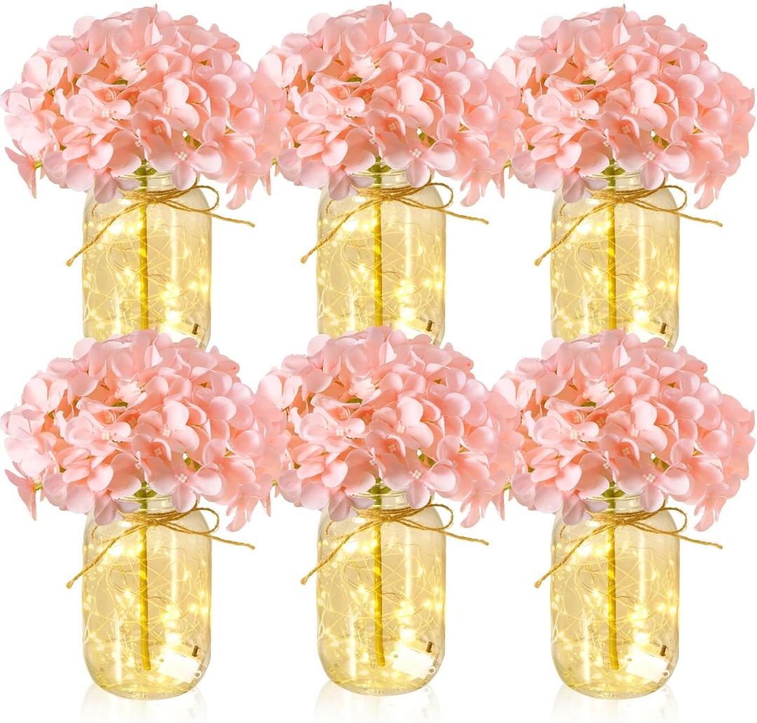 6 Sets Mason Jar with Lights Pink Hydrangea Decorative Pink Centerpieces for Tables Mason Jars Flowers Decorations LED Farmhouse Vase for Home Wedding Event Party Decor