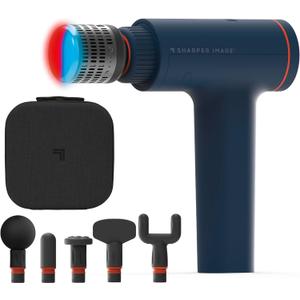 Sharper Image Deep Tissue Percussion Massage, Powerboost Versa Hot & Cold Rechargeable Handheld Massager, 5 Adjustable Speeds, 6 Attachment Heads & Carrying Case, for Muscle Pain Relief, Blue