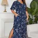 Keluummi Plus Size Wedding Guest Maxi Dresses for Curvy Women, Summer Formal Floral V Neck 3/4 Sleeve A Line Long Party Dress (Blue)
