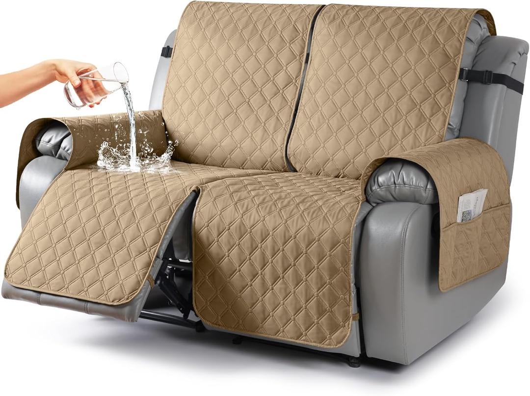 TAOCOCO 100% Waterproof Recliner Covers, Recliner Sofa Covers with Leg Straps, Reversible Recliner Couch Cover for Reclining Chair, Washable Couch Protector for Pets Kids(2 Seater, Camel)