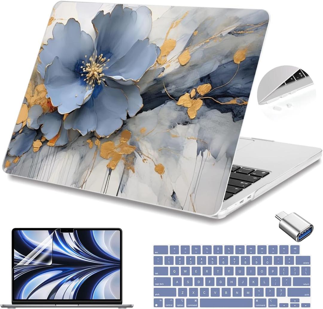 Teryeefi Compatible with A2681 A3113 A3240 MacBook Air 13.6 inch Case M2 M3 M4 Release 2022-2025,Protective Slim Cover + Keyboard Cover+OTG Adapter for 13.6 inch MacBook Air Liquid Retina, Art Florals