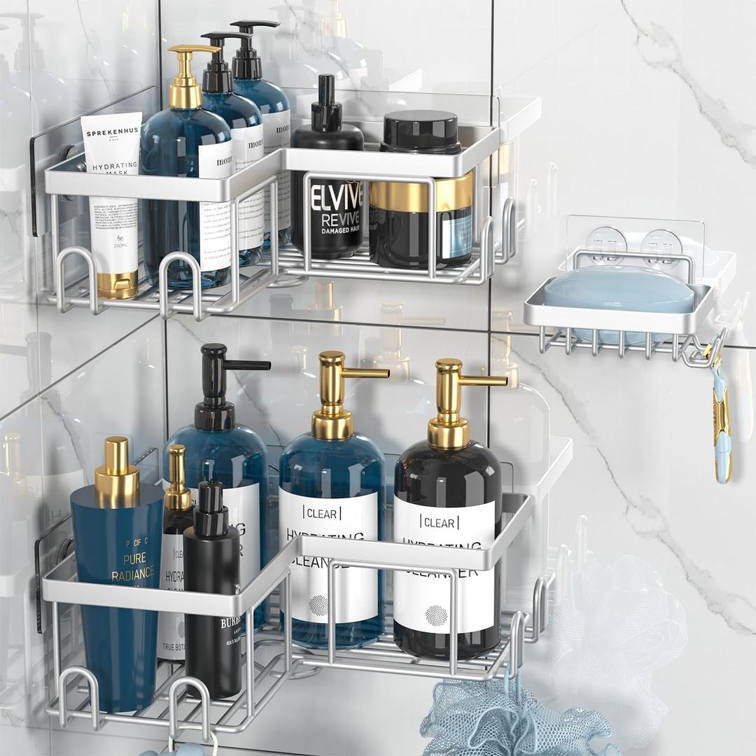 Adhesive Corner Shower Caddy - No Drilling Wall Mounted Shower Shelves-Rustproof, Organizer for Bathroom with Soap Holder. Silver