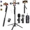 Tripod for iPhone with Light and Remote, Wireless Microphones, 71" Auto Face Tracking Phone Stand for Video Recording, Content Creator Essentials Vlogging Kit for YouTube, TikTok, Live Streaming