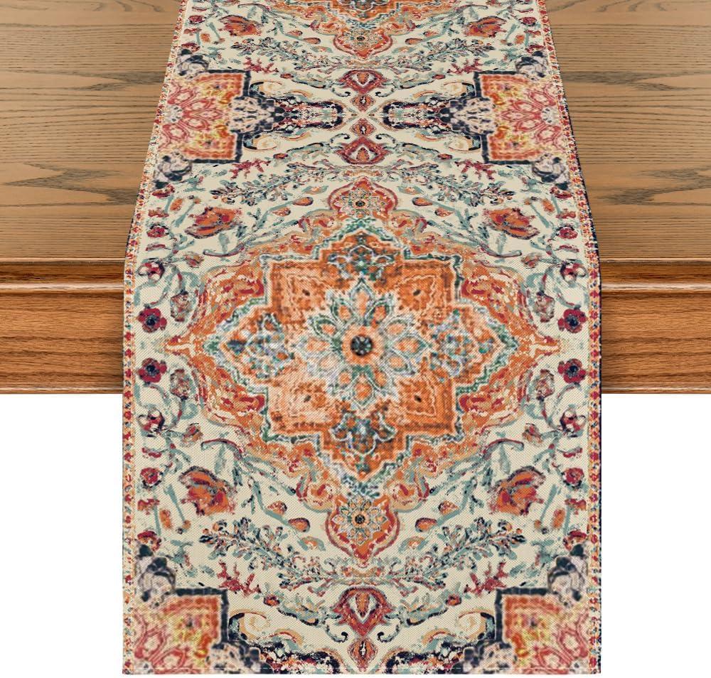 Artoid Mode Boho Bohemia Style Orange Table Runner, Country Rustic Farmhouse Magical Fall Kitchen Dining Table Decoration for Home Party Decor 13x72 Inch