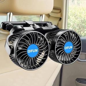 QIFUN 12V Car Fan, Portable Car Fan Cool Gadgets for Rear Seat Passenger, 4'' Headrest 360° Rotatable Backseat Car Cooling with Stepless Speed Regulation for Vehicles, SUV, RV, Boat