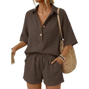 LILLUSORY Women 2 Piece Linen Short Sets 2026 Summer Vacation V Neck Short Sleeve Beach Outfits Oversized Button Cotton Pjs (Brown, L)