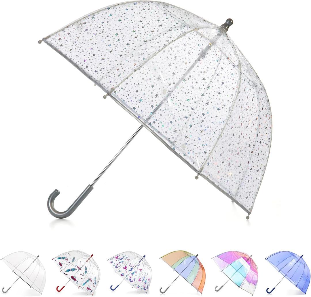 Totes Kids Pinch Proof Bubble Umbrella with Enhanced Visibility (38" Canopy, HOLOGRAPHIC STARS)