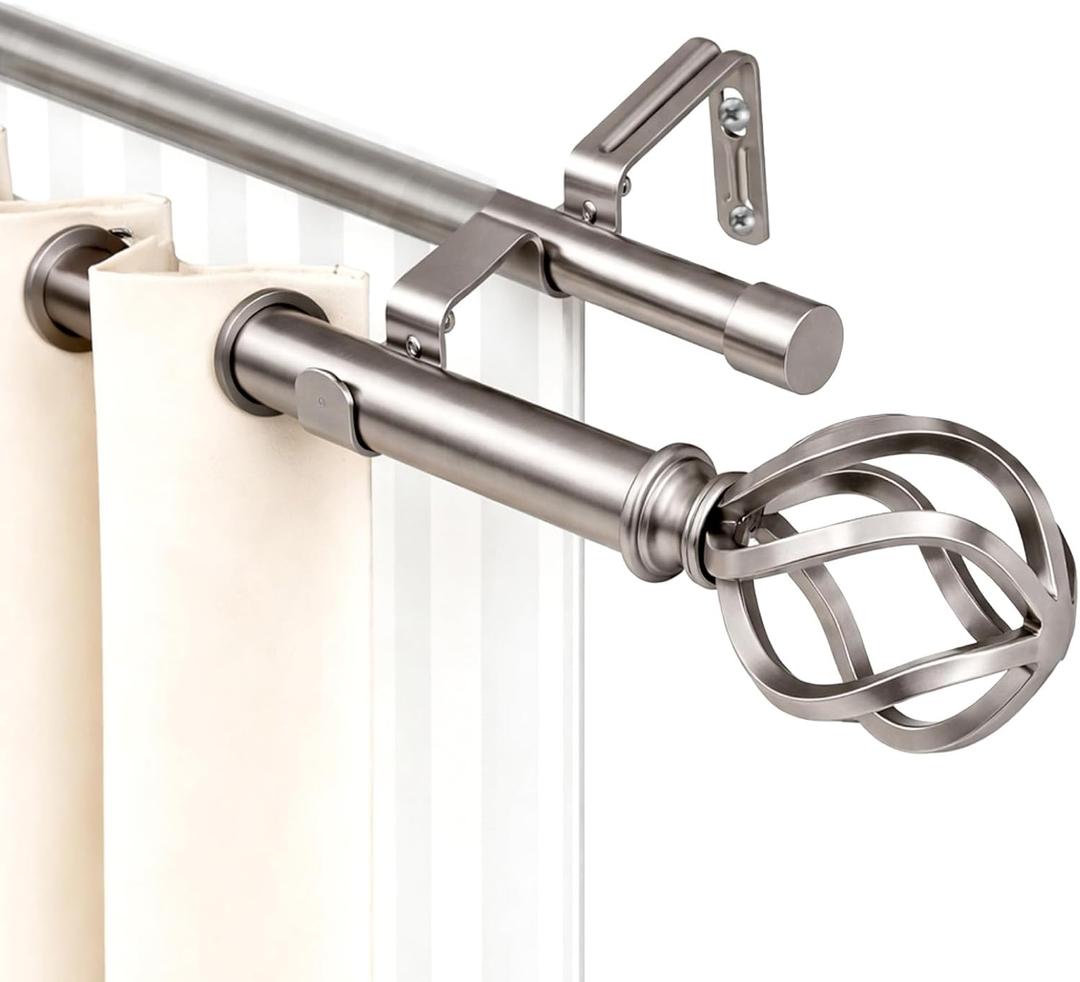 Satin Nickel Double Curtain Rods, Heavy Duty Decorative Drapery Rod 60-107 Inches, Telescoping Drapery Rod with Twisted Cage Finials