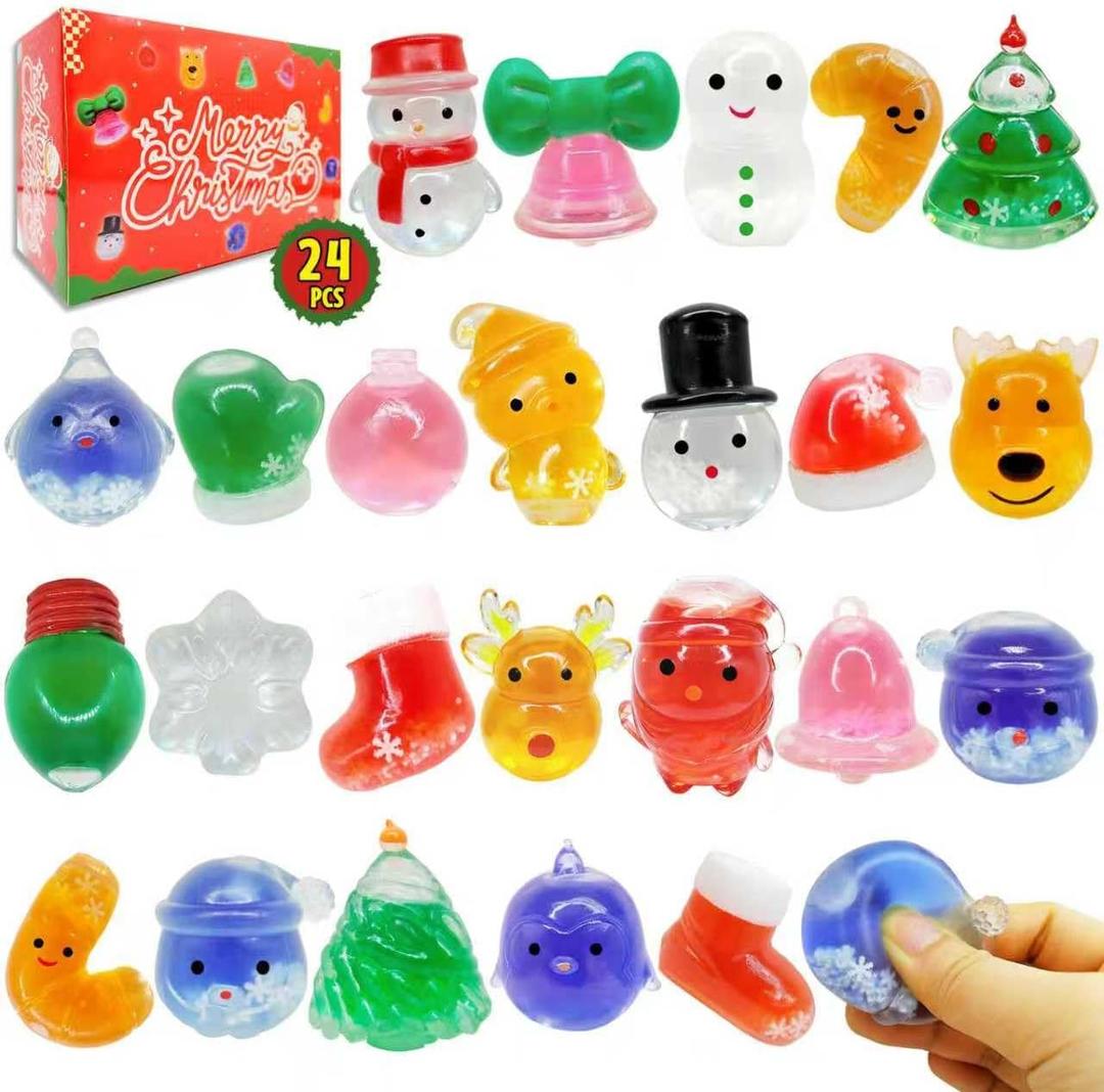 24Pcs Christmas Squishy for Party Favors Gifts, Stress Relief Toys for Goodie Bags Pinata Fillers, Stocking Stuffer for Kids, Treasure Box Carnival for Prizes Rewards, Fidget Squeeze Advent Calendar