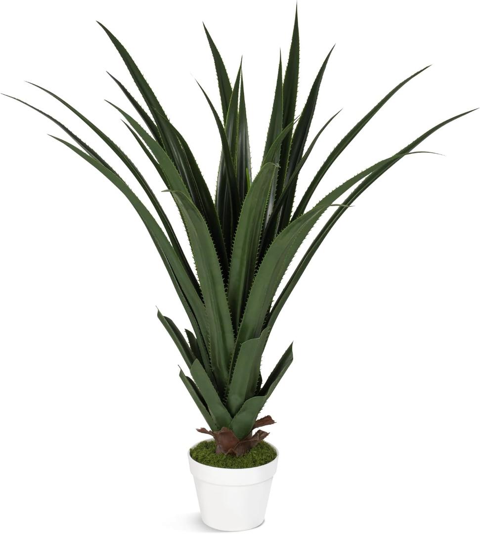 39.4 Inch Artificial Agave Plant, Realistic Faux Spiked Agave Tree with Lifelike Leaves and Moss in White Pot, Indoor Outdoor Floor Plant for Home Office Patio Porch Decor (1pack-3.2ft)