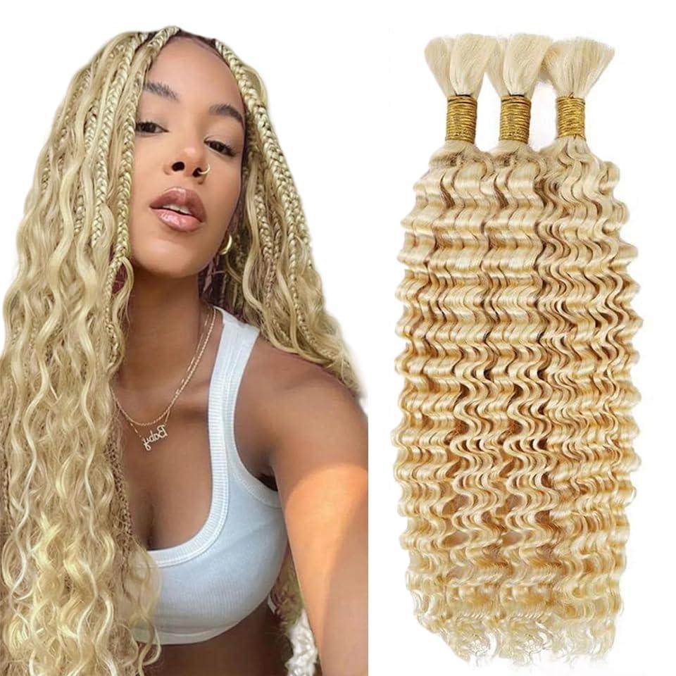 #613 Blonde Human Braiding Hair for Boho Braids 18 18 18 Inch Blonde Deep Wave Bulk Human Hair Knotless Boho Braiding Curly Virgin Hair Extensions 150g