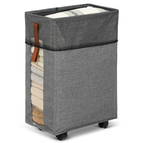 TlaroRiz Laundry Hamper with Wheels Rolling Laundry Basket with Visible Clear Window Collapsible Dirty Clothes Hampers for Laundry Room Bedroom Dorm RV,Lightgray