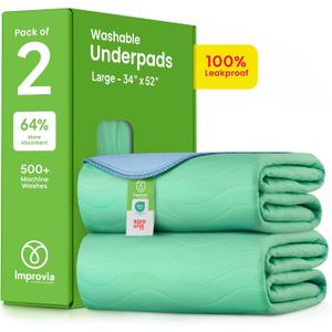 IMPROVIA Washable Underpads, 34" x 52" (Pack of 2) - Heavy Absorbency Reusable Incontinence Pads for Kids, Adults, Elderly, and Pets - Waterproof Protective Pad for Bed, Couch, Sofa, Furniture, Floor (Green)