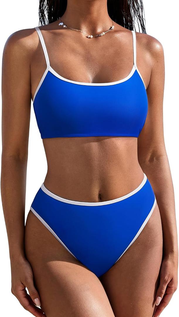 SUUKSESS Women High Waisted 2 Piece Bikini Set Cheeky High Cut Bandeau Swimsuit (Blue, M)