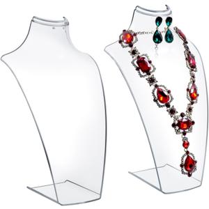 MyGift 12 Inch Clear Acrylic Necklace and Earring 3D Bust Jewelry Display Stand, Tabletop Neck Form Base Chain Holder for Home or Retail Showcase, Set of 2