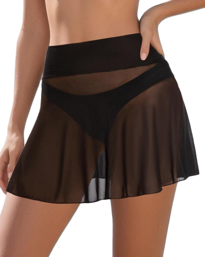 Pinup Fashion Sheer Mesh Skirt Women - Swim Mini High Waisted See Through Bikini Cover Up Skirts (20 Plus, Black)