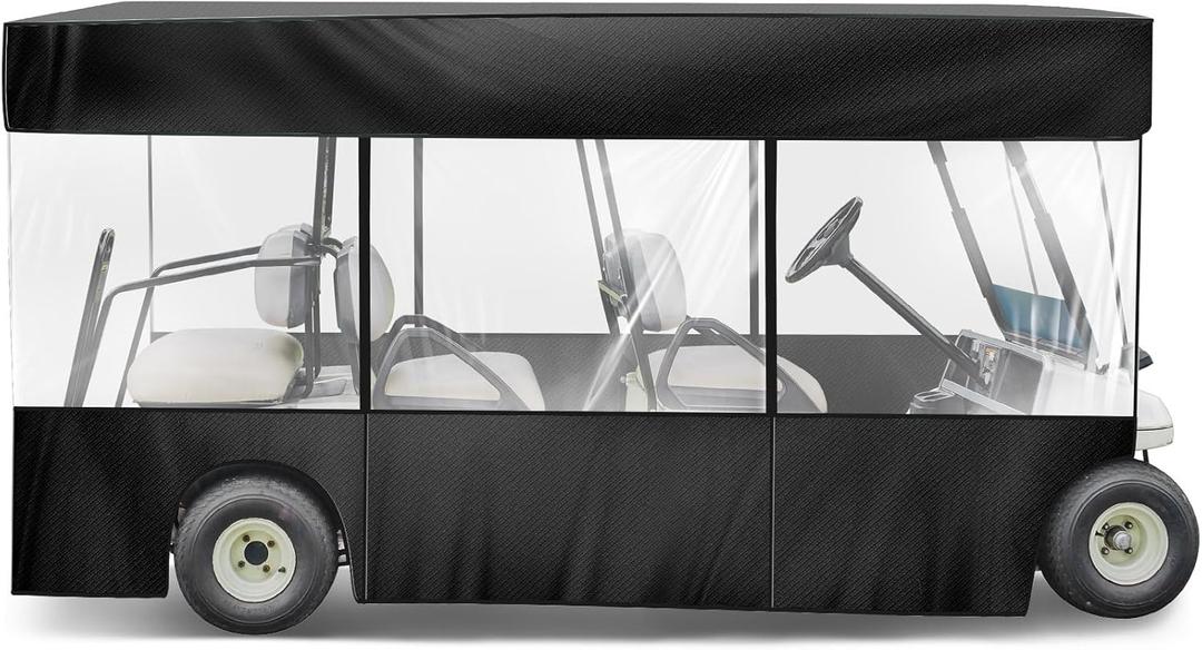 Woanger 6 Person Golf Cart Cover 6 Passenger(4 Forward + 2 Rear Facing) Waterproof Golf Cart Enclosure with Zipper Car Rain Cover with Transparent Windows for Most Weathers 600D(Black)
