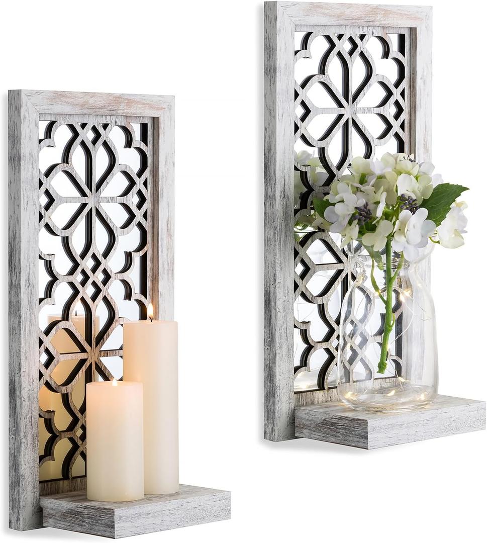 Wood Small Wall Shelves for Candle - Decorative Floating Shelf Candle Sconces for Wall Decor Rustic Carved Wall-Mounted Shelf Rustic Wooden Shelving for Bathroom Bedroom (Window Grille, Distressed White)