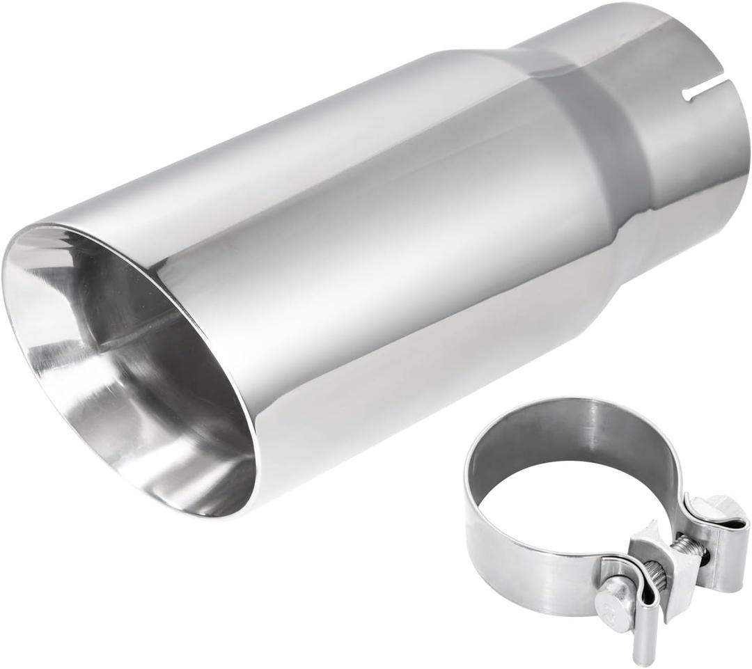 304 Stainless Steel Car Exhaust Tip, 4" Inlet, 5" Outlet, 12" Overall Length, Polished Dual-Layer Slant Cut Design, Clamp-On for 4-Inch Outside Diameter Tailpipe