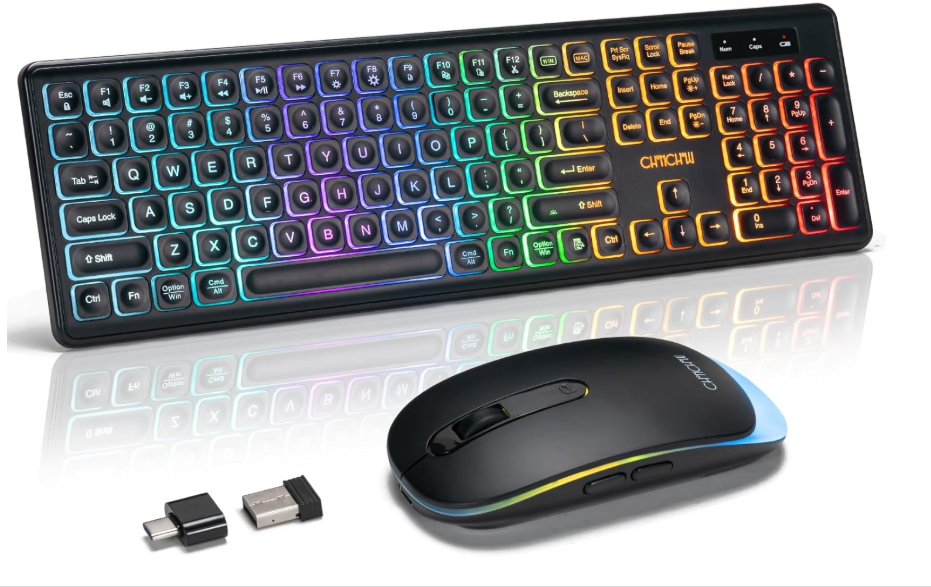 Wireless Keyboard and Mouse Combo, Rechargeable Rainbow LED Light Up Keyboard and Mouse 2.4GHz Quiet Mouse and Keyboard for Mac, Windows, Laptop, PC Xbox PS4 PS5 (Office/Gaming) (Wireless)
