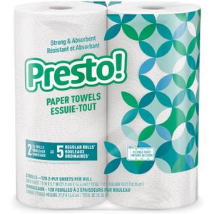 Amazon Brand - Presto! Kitchen Paper Towels - Flex-a-Size, 128 Sheet Family Roll, 2 Rolls