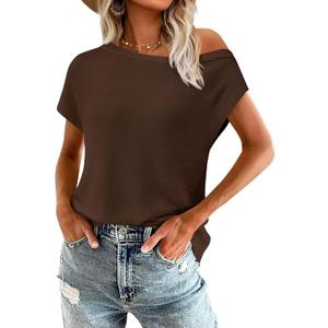 PRETTYGARDEN Womens Off The Shoulder Tops 2026 Summer Casual Short Sleeve Tunic T Shirts Lightweight Knit Sweaters (Brown, XXL)