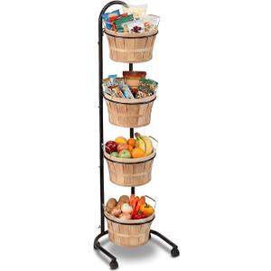FoldTier 4 Tier Retail Display Stand with Wheels, Round Wooden Baskets with Handles, Handcrafted Vintage Style Storage Rack for Farmers Market Display, Bread, Snacks, Wood Fruit Baskets Stand(57.5"h)