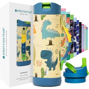 Elemental Iconic Kids Water Bottle with Straw Lid & Stress Reliever Pop It Handle, Leak-Proof When Closed, Triple Insulated Stainless Steel Reusable Thermos Water Bottle, 14oz - Dinosaur