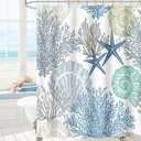 MAYZUS Nautical Coastal Shower Curtain, Beach Ocean Theme Shower Curtain for Bathroom Decor, Summer Tropical Seashell Starfish Coral Fabric Shower Curtain Set with Hooks, Blue, 72x72