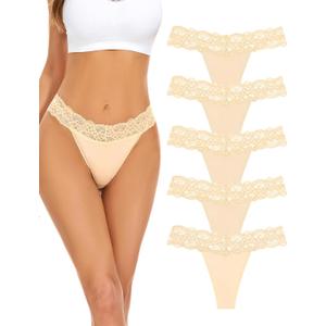 voenxe Seamless Thong for Women,No Show Lace Underwear,Ladies Breathable Comfort Panties Soft Laser Cut Undies,Tanga,5-Pack (Nude)