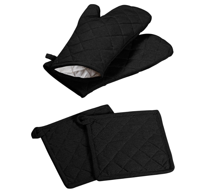 Oven Mitt (7"x13") & Pot Holder (8"x8") 100% Cotton Set of Heat Resistant Oven Gloves & Hot Pads for Gifts, BBQ, Cooking, Baking, Thanksgiving - Black