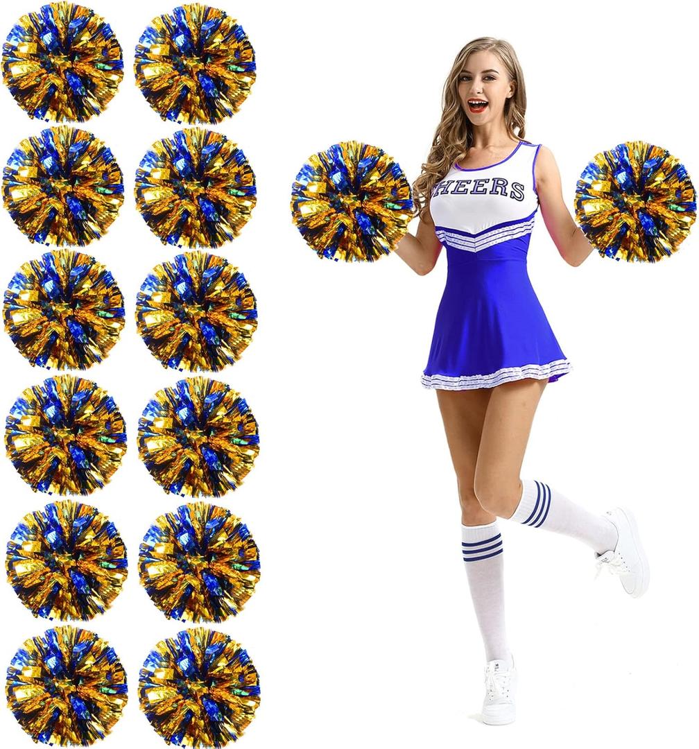 12Pcs Cheerleading Pom Poms with Finger Holes Metallic Foil Cheer Pom Poms for Dance, Matches, Team Spirit Sports, Stage Performance, Carnival Celebration (Large, 12pcs-Blue Gold)