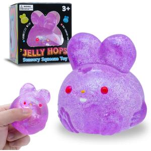 Stress Relief Purple Glitter Bunny Squeeze Toy - Anxiety Calming Sensory Fidget Toy for Kids & Adults, Soft Squishy Ball for ADHD Autism, Jelly Hops