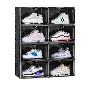 2 Pack XL Shoe Storage Box Organizer,Drop Side Large Shoe Boxes Clear Plastic Stackable Container,Magnetic Sneaker Display Case, 2 Pack Black)