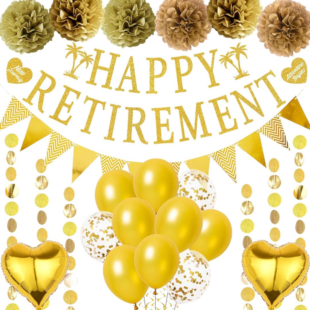 Retirement Party Decorations for Women Men - Gold Happy Retirement Banner Balloons, Garland Paper Pompoms Bunting Farewell Decor for Retired Coworker