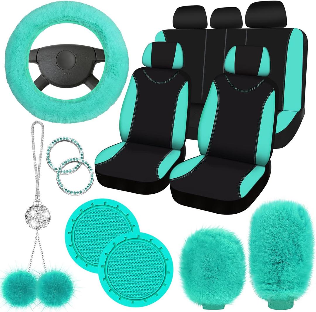 Fulmoon 17 Pcs Car Seat Cover Full Set for Women Universal Fit Car Front Rear Fluffy Steering Wheel Fleece Handbrake Shift Covers Hanging Accessory Holder Ring Emblem(Mint Green Black)