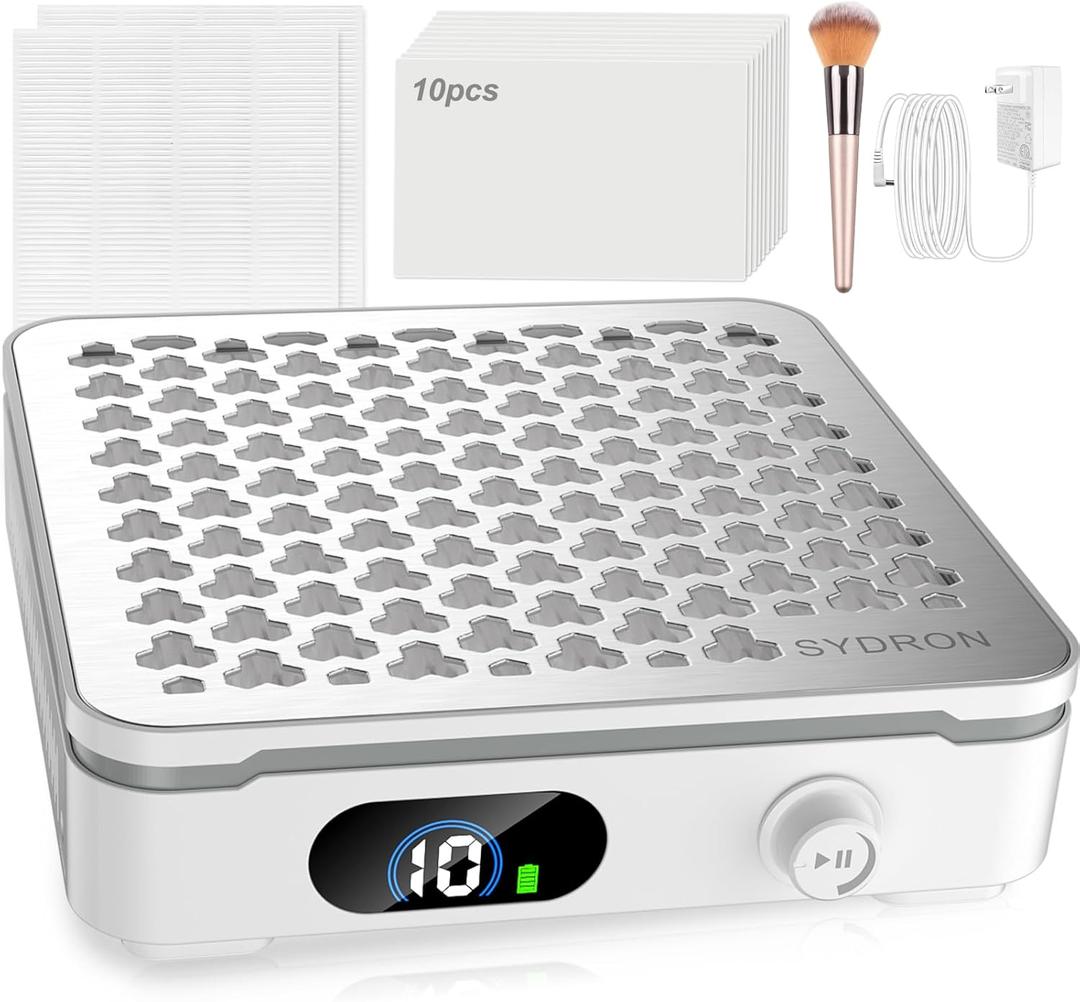 Nail Dust Collector | 1000PA Cordless Nail Dust Collector Nail Tech | 10 Speed Levels | Low Noise & Strong Suction | Reusable Filter, 10 Pads + Nail Dust Brush | for Acrylic Nails, Salon & Home-White