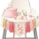 1/2 Birthday Girl High Chair Banner - 3PCS Half Birthday Decorations with Half Birthday Hat Cake Candle, Half Way to One Decorations Kit for Baby Girl 6 Month Party Photoshoot Props（Pink＆white）