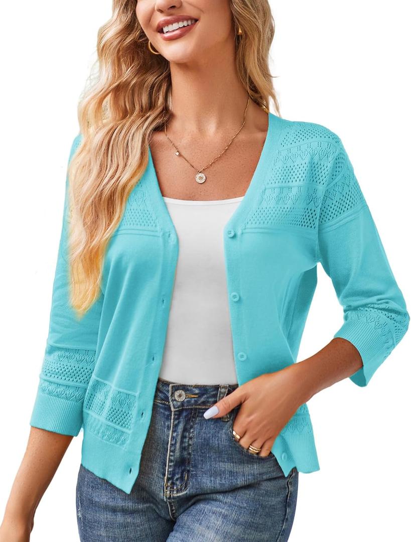 GRACE KARIN Lightweight Summer Cardigan Trendy Patterned Sweater Shrug Elegant Knitted Bolero Sweater Top Aqua Blue S