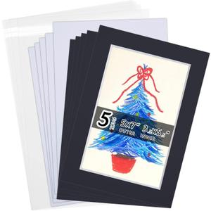 Acid Free 5 Pack 5x7 Pre-Cut Mat Board Show Kit for 4x6 Photos, Prints or Artworks, 5 Core Bevel Cut Matts and 5 Backing Boards and 5 Crystal Plastic Bags, Black
