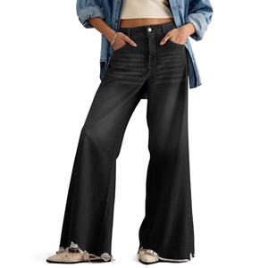 PHISOCKAT Women's Wide Leg Baggy Jeans Mid-Rise Loose Flare Jeans with Frayed Hem Stretchy Denim Pants with Pockets Y2K Black, 10