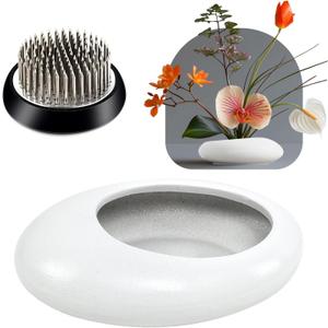 Flower Frog Vase Kit, Ikebana Flower Arrangement, Ceramic Water Drop Flower Pot & Flower Frog Flower Arrangement Vase Kit (White Small Size)