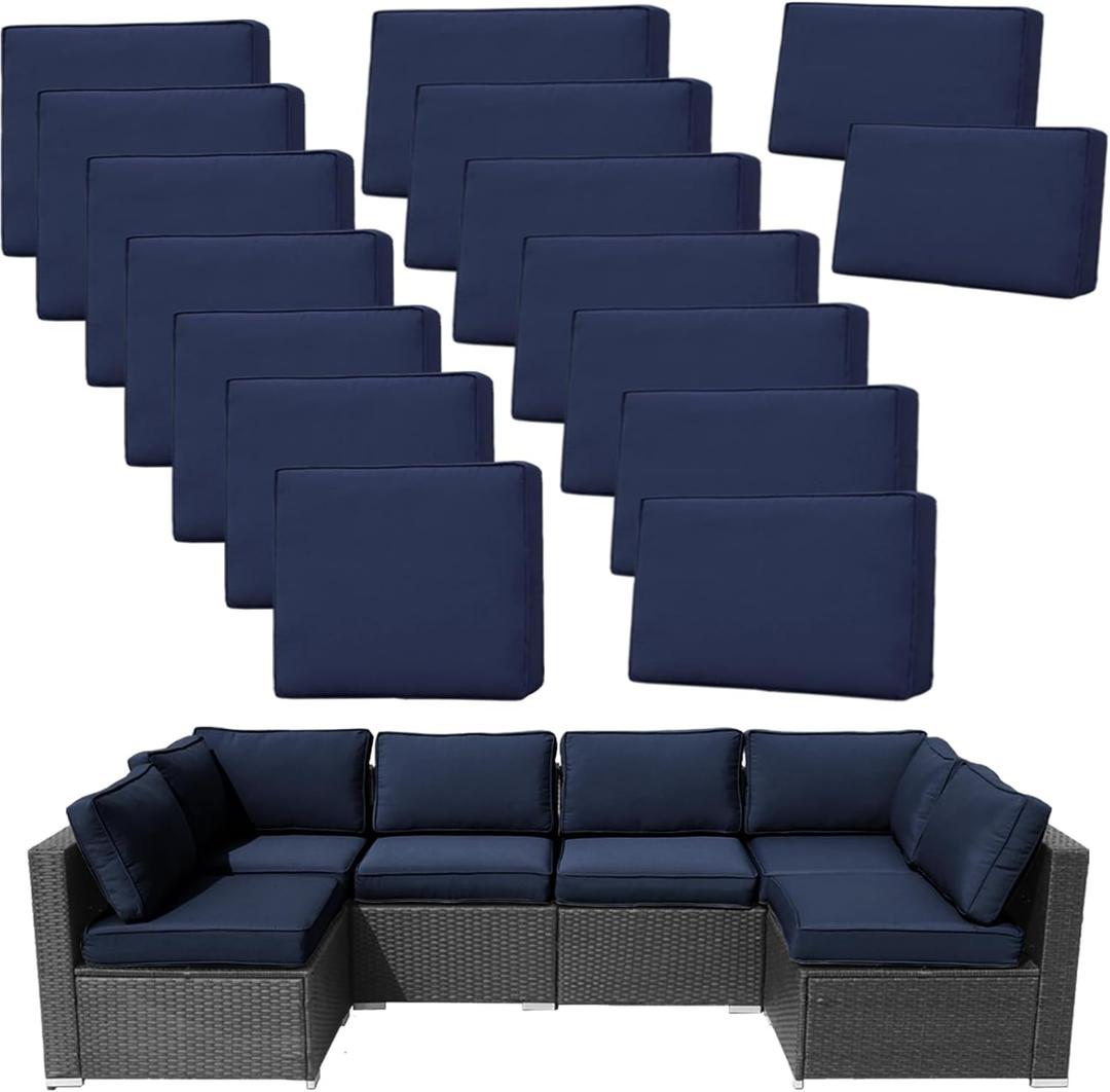 14Pieces Patio Cushion Covers Replacement Outdoor Couch Covers Splashproof UV-Resistant Furniture Cushion Sofa Slipcovers Set with Zippers,Cover Only 25.6x25.6x3.9inch (Dark Blue)