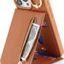 for iPhone 15 pro Case with Card Holder for Women, for iPhone 15 pro Phone Case Wallet with Strap Credit Card with Kickstand Zipper Case - Brown