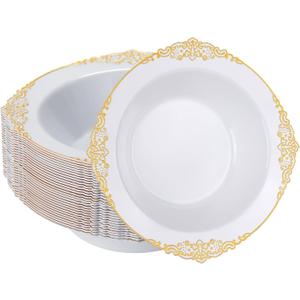 50 Pack White Plastic Bowls with Gold Relief Rim, 12oz Plastic Salad Bowl, Disposable Bowls for Party, Dinners, Weddings, Christmas, Thanksgiving, Valentine's Day